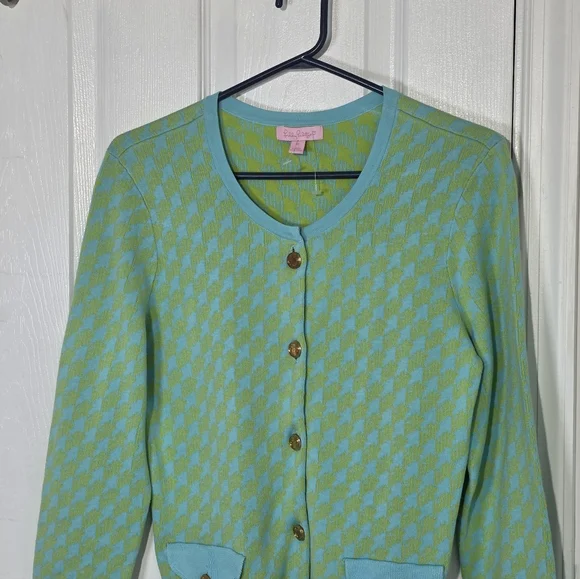 Lilly Pulitzer cotton knit gold logo button up cardigan Lime & Aqua pockets Med - Picture 4 of 7